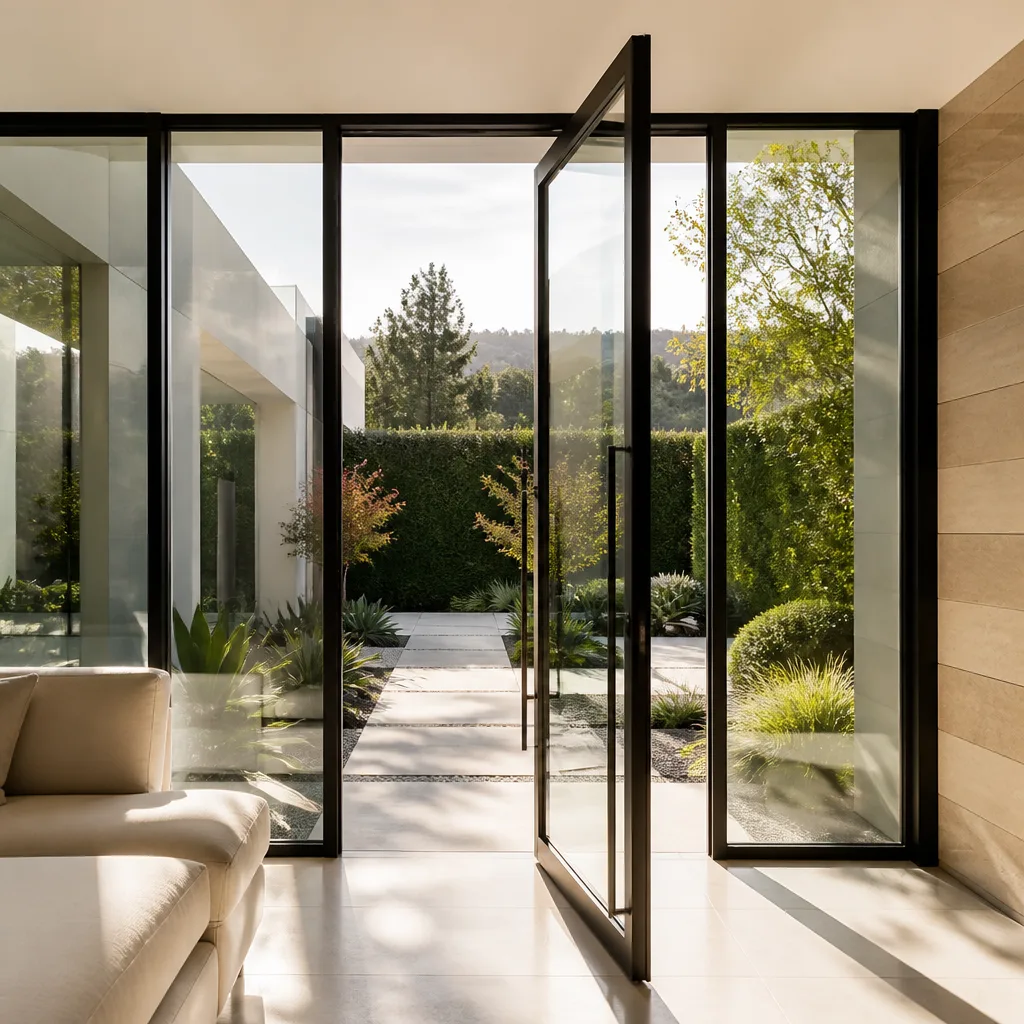 Modern black-framed glass pivot front door with garden courtyard view