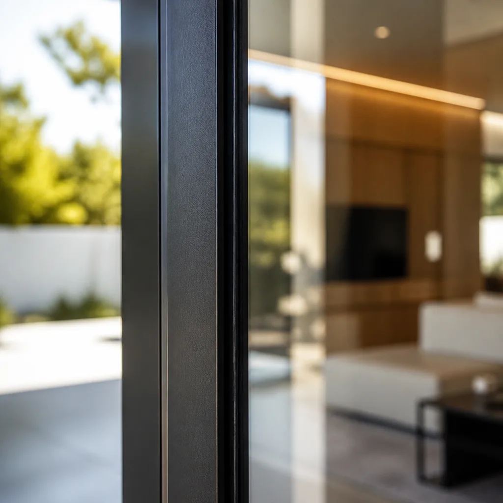 Modern black metal residential door frame with interior living room view