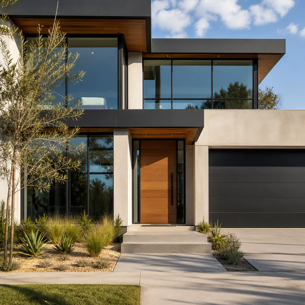 Modern home featuring a premium natural wood front door replacement