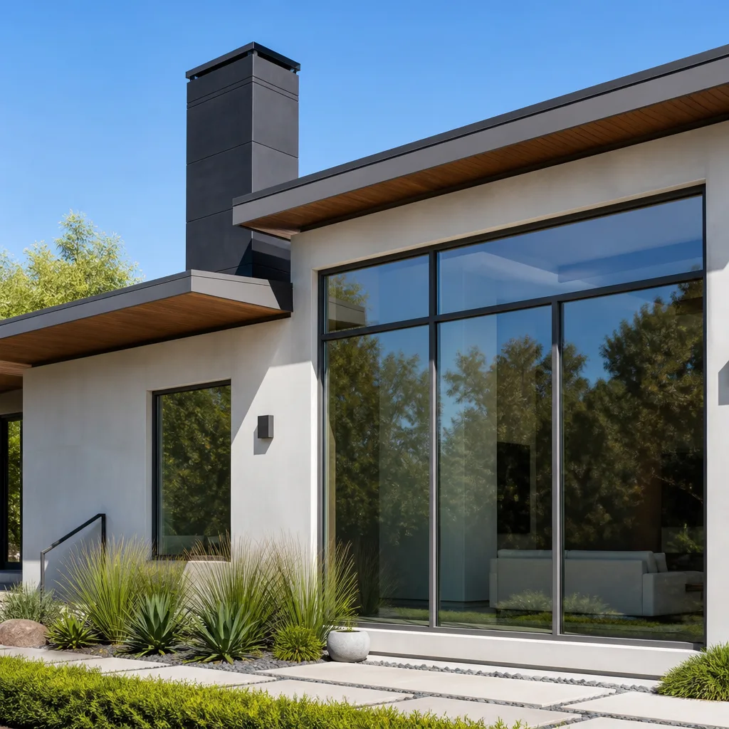 Modern home exterior with large, sleek professional-grade windows