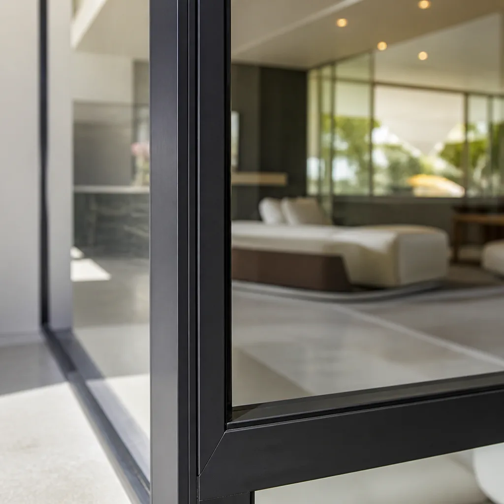 Modern black window frame detail with professional glass installation