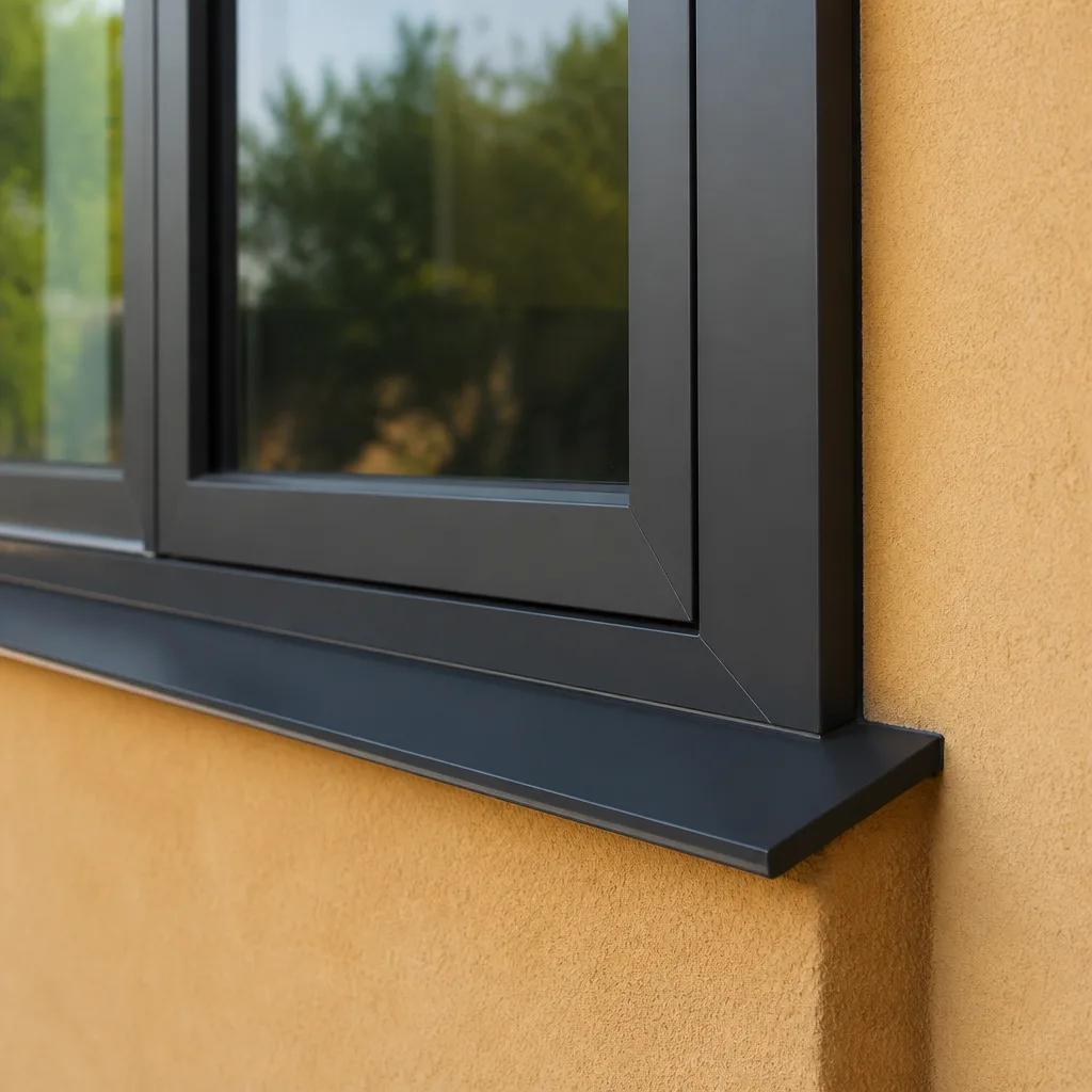 Modern dark grey aluminum window frame installed in a stucco wall