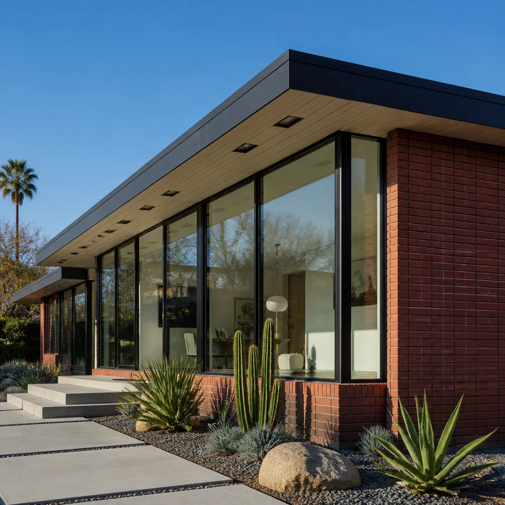 Modern home exterior with large floor-to-ceiling glass windows and doors